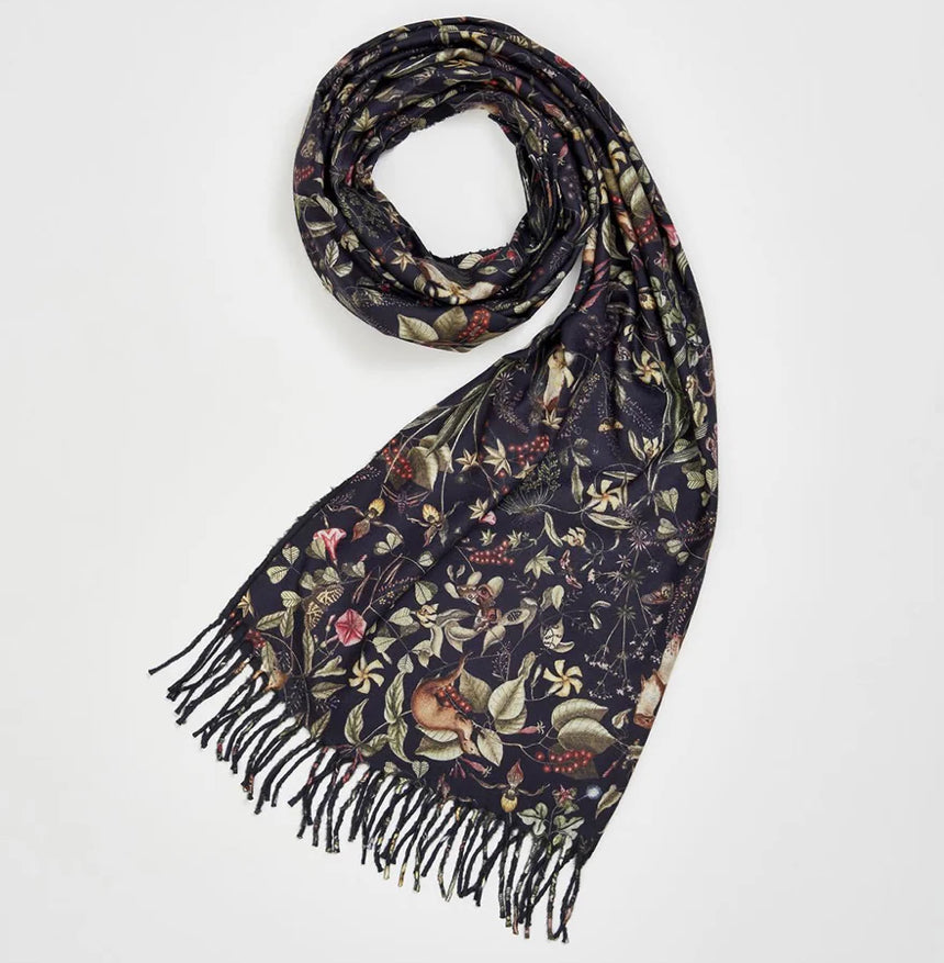 Fable England Wolf Garden Navy Scarf with Tassels