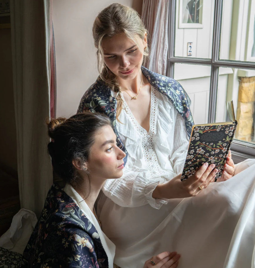 Fable England Wolf Garden Navy Scarf with Tassels