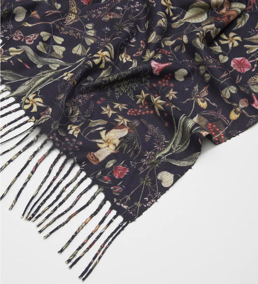 Fable England Wolf Garden Navy Scarf with Tassels