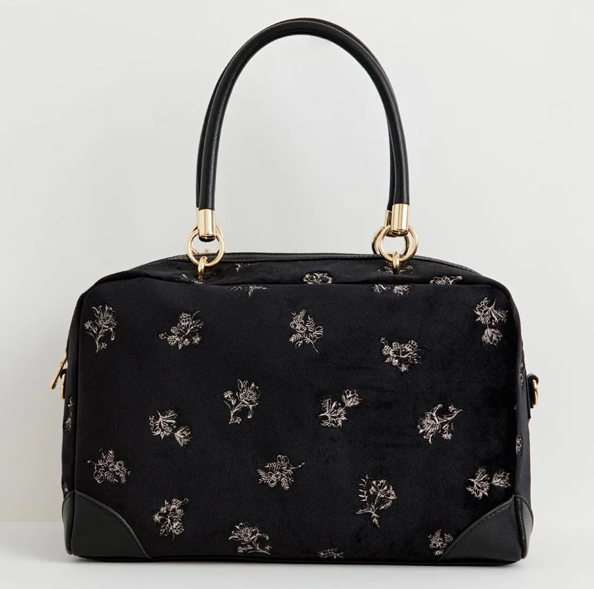 Fable England Hepsie Black Velvet Embroidered Bag