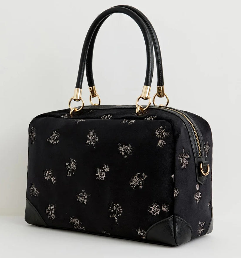 Fable England Hepsie Black Velvet Embroidered Bag