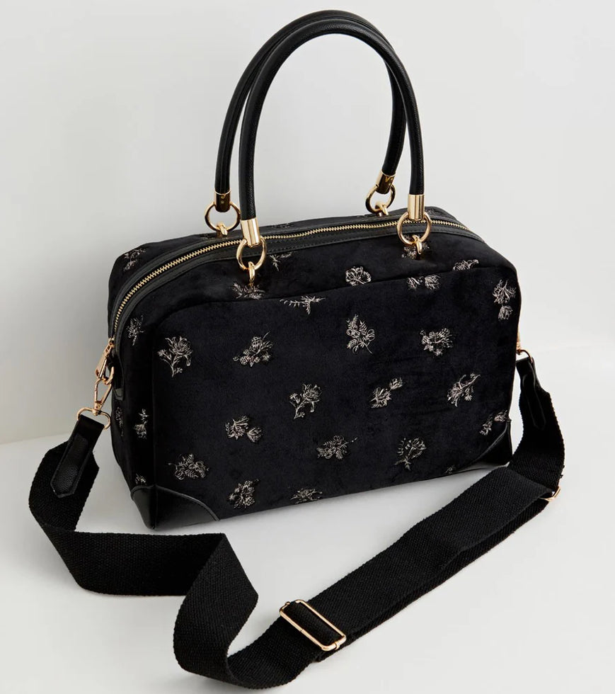 Fable England Hepsie Black Velvet Embroidered Bag