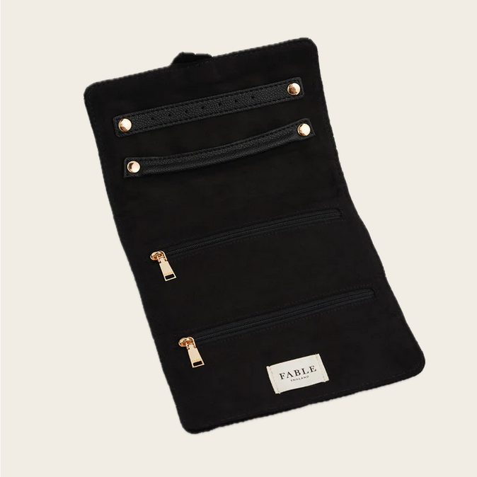 Fable England Black Quilted Celestial Velvet Embroidered Jewellery Roll