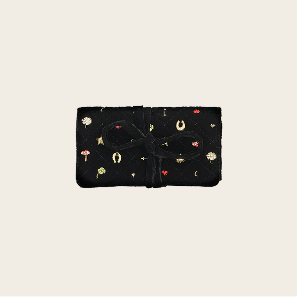 Fable England Black Quilted Celestial Velvet Embroidered Jewellery Roll