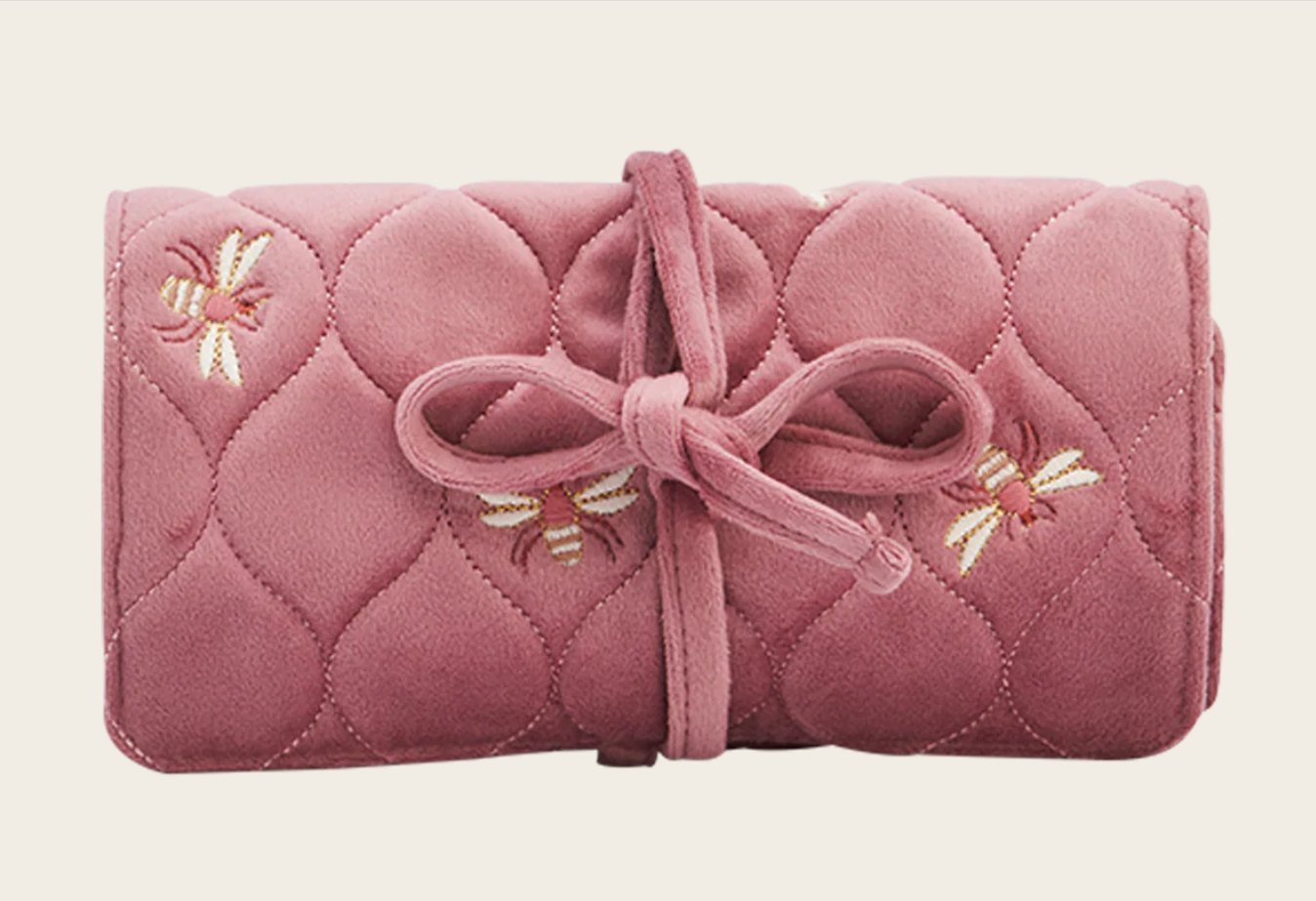 Fable England Black or Pink Quilted Celestial Velvet Embroidered Jewellery Roll