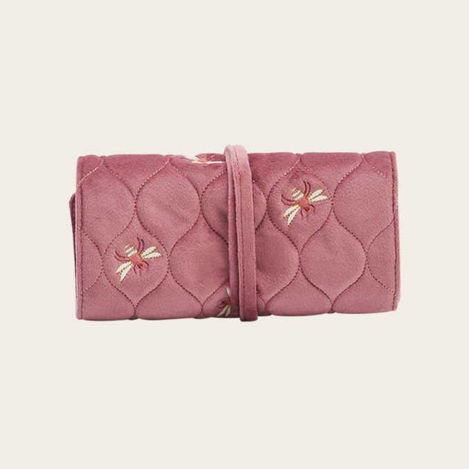 Fable England Black or Pink Quilted Celestial Velvet Embroidered Jewellery Roll