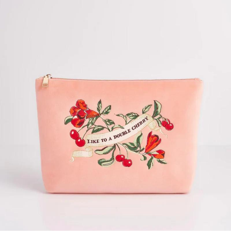 Fable Midsummer Dream Cherry Embroidered Peach Velvet Pouch