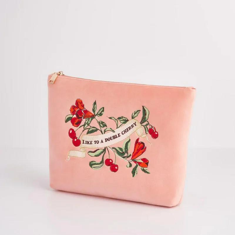 Fable Midsummer Dream Cherry Embroidered Peach Velvet Pouch