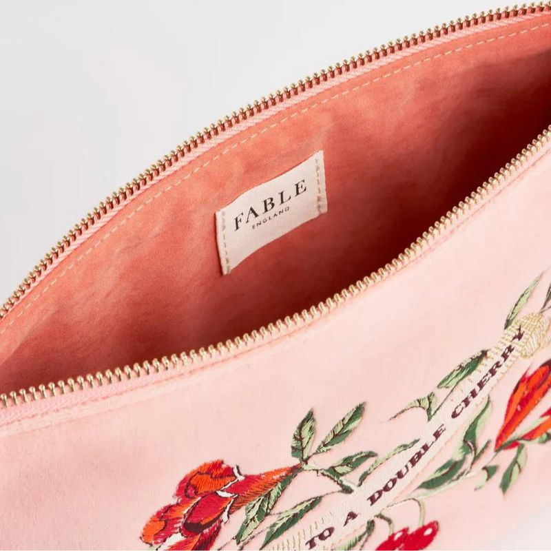 Fable Midsummer Dream Cherry Embroidered Peach Velvet Pouch