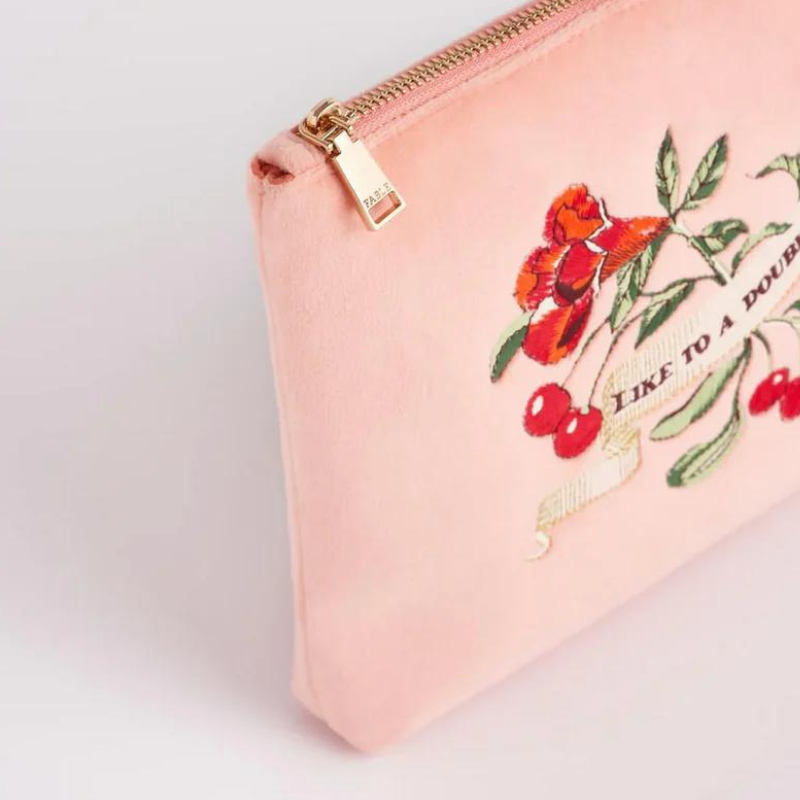 Fable Midsummer Dream Cherry Embroidered Peach Velvet Pouch