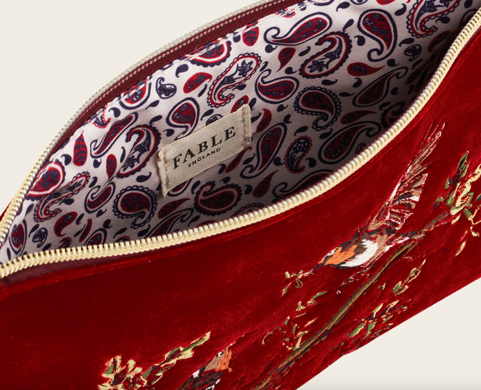 Fable England Red Robin Embroidered Pouch