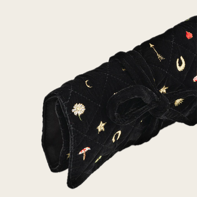 Fable England Black Quilted Celestial Velvet Embroidered Jewellery Roll
