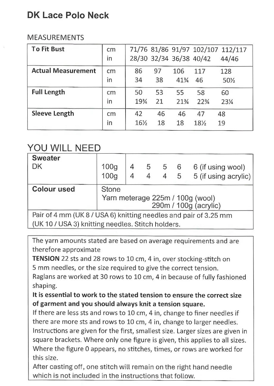 UK Hand Knitting DK Lace Polo Neck Pattern UKHKA 265